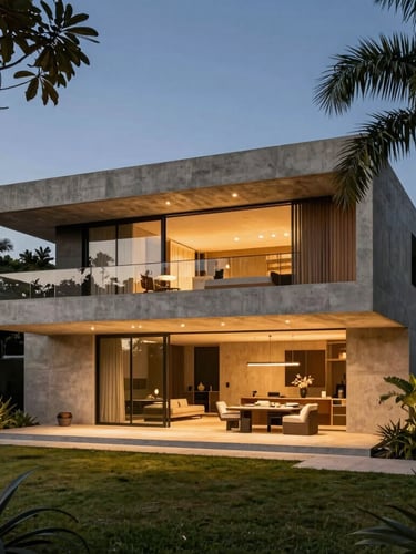 Modern minimalist concrete villa in Jardim Europa, lush tropical landscaping, warm evening light, architectural photography