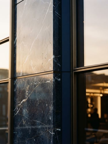Close-up of a modern architectural facade with clean lines and premium marble texture under soft golden-hour light, warm editorial 35mm