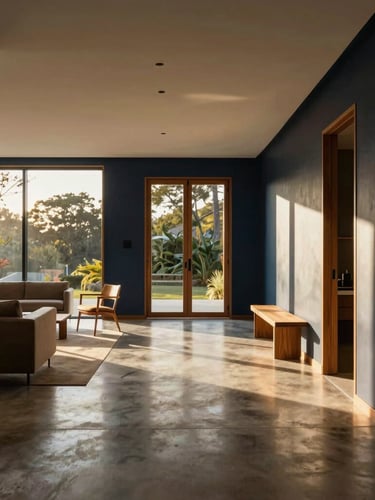 Sun-drenched luxury home interior with polished concrete floors and minimalist wooden furniture, warm morning light, editorial architectural photography, 35mm