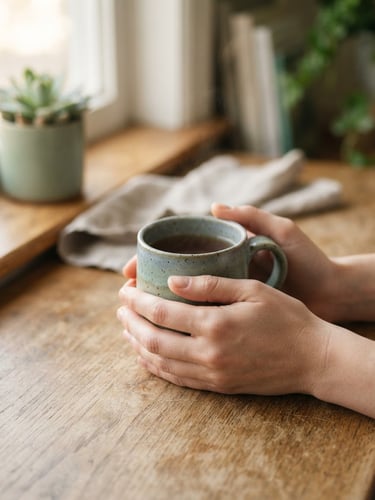 A calm, reflective environmental shot of hands holding a warm ceramic mug on a clean wooden table, soft natural morning light, shallow depth of field