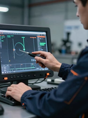 Close-up of a professional mechanic in clean dark blue overalls operating a diagnostic screen showing real-time telemetry, cool workshop light, sharp safety-orange accents, 35mm.