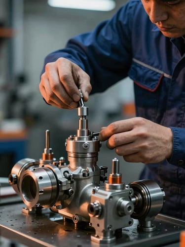 Professional mechanic in clean dark blue overalls inspecting a complex hydraulic valve block, cool workshop ambient lighting with sharp safety-orange reflections, detailed macro shot, 35mm