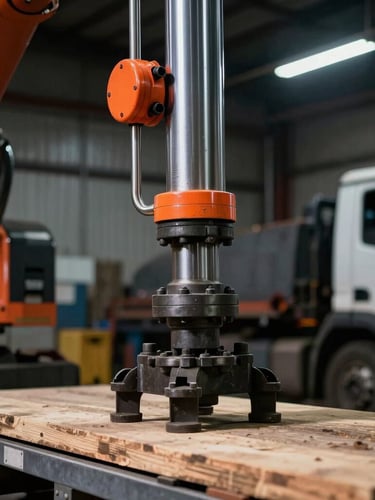 Close-up of a heavy hydraulic manipulator cylinder arm on a timber truck, dramatic industrial workshop lighting with safety orange accents, high contrast, 35mm