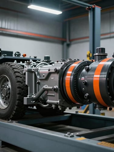 Dramatic industrial photography, detailed close-up of a heavy-duty truck chassis on a hydraulic lift in a clean modern workshop, cool ambient light with orange work light highlights, 35mm.