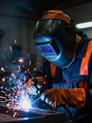 Portrait of a professional welder in a dark industrial workshop, welding sparks flying, safety orange glow, cool blue ambient light, high contrast, 35mm