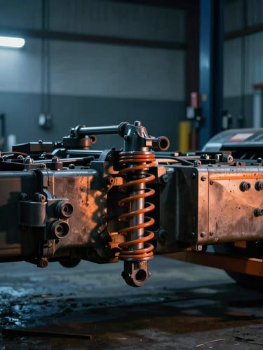 Dramatic close-up of a heavy truck chassis on a hydraulic lift in a dimly lit workshop, warm orange directional work light highlighting the steel suspension, cool blue ambient background, high contrast, 35mm