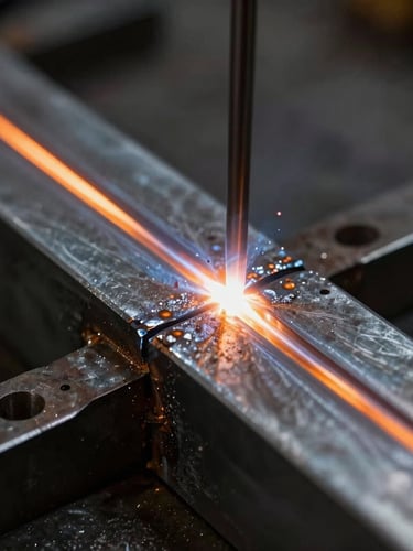Close-up macro of a perfect TIG weld seam on heavy steel, glowing warm metal cooling down, dark industrial background, high contrast, sharp details