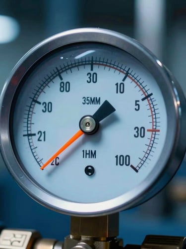 Macro close-up of a hydraulic pressure gauge showing high readings, glowing orange needle, cool blue industrial background, sharp focus, 35mm