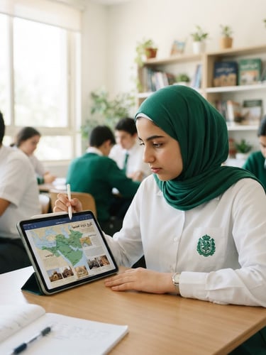 Bright editorial photography of high school students in clean uniforms studying Islamic history on tablets, soft natural daylight, emerald green accents, shallow depth of field, 35mm