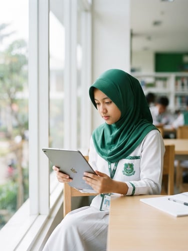 Bright editorial photography, a Muslim high school student sitting by a window with a tablet, soft natural daylight, emerald green school uniform details, shallow depth of field, 35mm