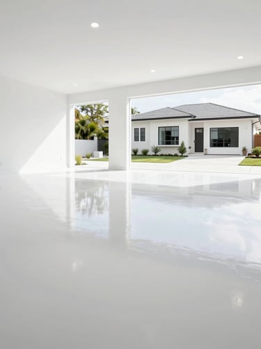 Wide-angle shot of a pristine, high-gloss epoxy garage floor reflecting overhead lights, with a glimpse of a modern Venice home in the background, bright high-key daylight.