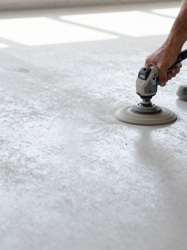 Close-up of a flooring technician diamond-grinding a concrete slab, dust extraction visible, bright workshop lighting, focused on the process, industrial setting, no faces.