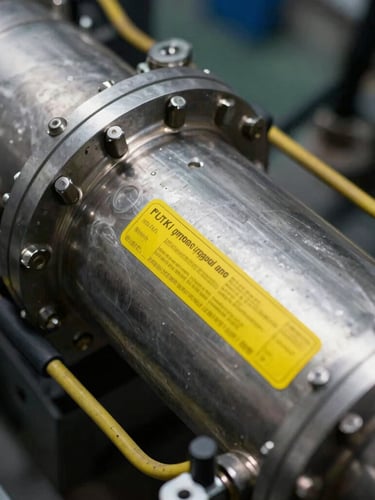 Macro detail of high-contrast gas turbine instrumentation, cool steel housing, safety yellow wiring labels, sharp focus, 35mm