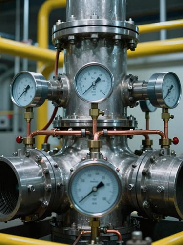 Close-up of complex gas turbine instrumentation, copper wiring manifolds, and analog pressure gauges under dramatic ambient plant lighting, cool steel and safety yellow tones, sharp focus, 35mm.