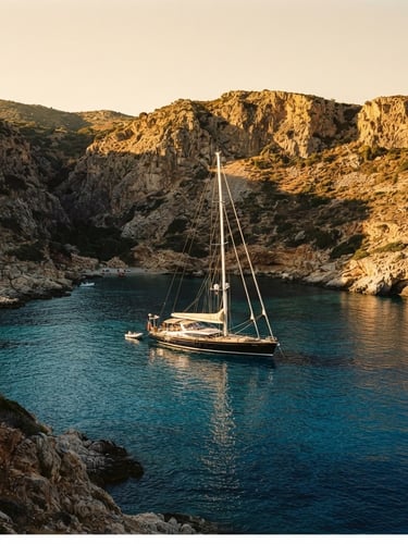 Wide environmental shot of a luxury sailing yacht anchored in a deep blue European cove, sun-drenched golden hour light, high-contrast shadows, cinematic 35mm lens.