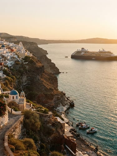 Sun-drenched European coastline with a premium cruise ship anchored in the distance, warm golden-hour light, cinematic 35mm lens
