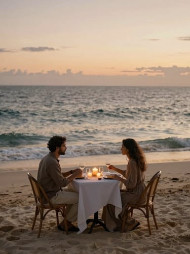 A private candlelit dinner set for two on a secluded white sand beach at sunset, soft warm lighting, gentle ocean waves