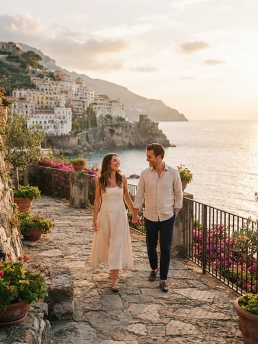 An elegant couple walking along a sun-drenched European stone terrace overlooking the sea, warm golden hour light, soft cinematic tones