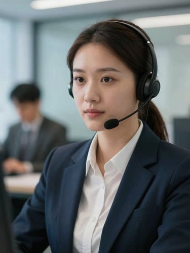 Direct-gaze professional portrait of a customer support agent in a modern, brightly lit office environment, cool blue lighting accents, focused expression.