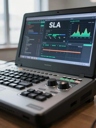 Macro shot of a high-end communication console with real-time SLA dashboard visible on a clean screen, bright daylight office setting