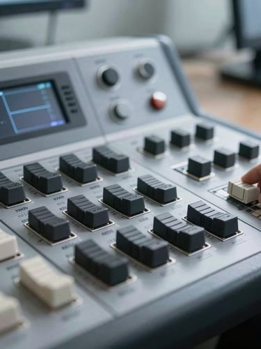 Macro shot of a high-end communication hardware console, clean office LED lighting, sharp technical details, cool daylight.