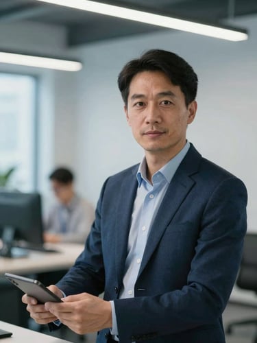 Professional direct-gaze portrait of a focused operations manager in a bright, modern US office workspace, clean LED lighting, cool blue tones, highly detailed.