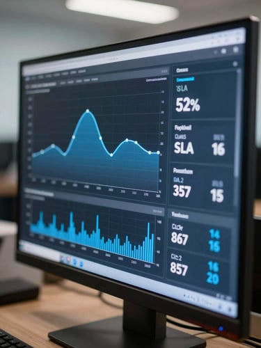 A close-up macro shot of a real-time operational dashboard on a high-end monitor, showing clean SLA metrics, uptime percentages, and blue data visualizations under cool office LED lighting.