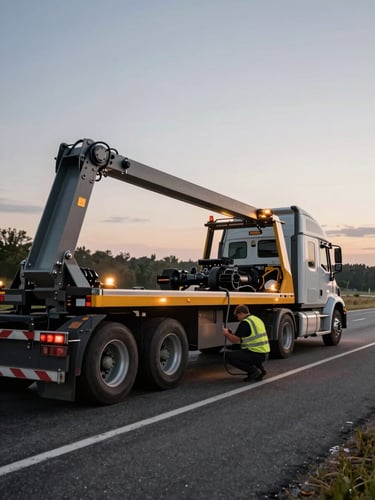 Wide roadside scene, overcast dawn light — close-to-medium shot of a loaded semi-truck being rigged to a heavy-duty recovery tow rig, operator in high-visibility vest crouching to attach cable to the chassis, wet asphalt highway shoulder, warning lights casting amber glow on the steel rigging hardware