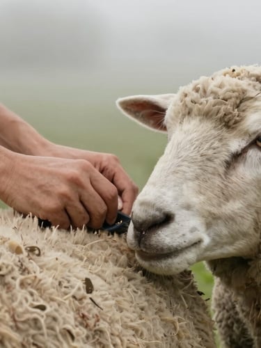 A warm close-up of gentle hands grooming the thick wool of a calm rescued sheep, soft morning mist, earthy tones, authentic editorial photography.