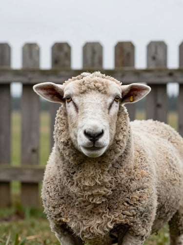 An eye-level portrait of a rescued sheep looking directly at the camera, soft overcast Pacific Northwest light, weathered cedar fence in the background.