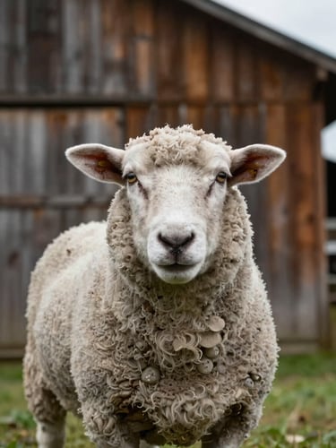 Eye-level portrait of a rescued sheep looking directly at the camera, soft overcast Pacific Northwest daylight, weathered barn wood background, 50mm lens.