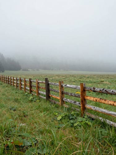 Wide environmental shot of green pastures under a misty Washington morning sky, a weathered cedar fence running along the side, soft overcast light.