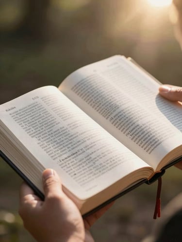 A natural-light, close-up shot of a missionary holding an open Bible, soft focus on the pages, warm sun flare from the top right, editorial style.