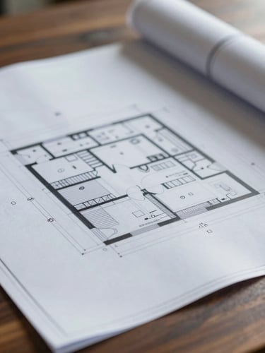 Close-up detail of architectural blueprints on a dark wooden desk, soft natural daylight, sharp focus, muted corporate tones.