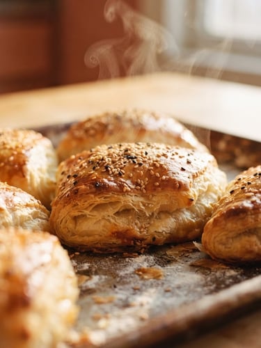 Macro close-up of golden-brown shecas fresh from the oven, steam rising, warm morning window light, shallow depth of field, 35mm