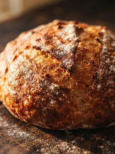 Macro close-up of a golden-brown sheca fresh from the oven, flour dusting on a dark wooden prep table, warm low-angle morning sunlight, shallow depth of field