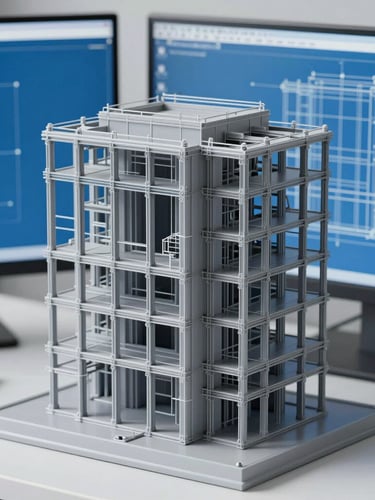 Crisp technical CAD wireframe of a complex structural building assembly on a dual-monitor setup, cool gray and blueprint-blue tones, sharp macro focus, bright clean daylight