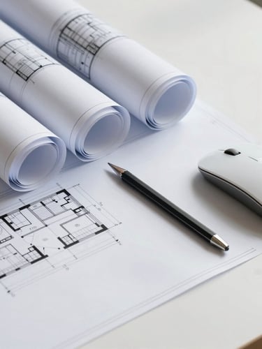 A sharp overhead view of a clean drafting desk, architectural blueprints rolled out, a high-end mouse, precise mechanical pencil, cool daylight casting sharp shadows.