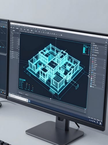 A crisp macro photograph of a dual-monitor workstation displaying a complex architectural CAD model, cool cyan lines glowing on screen, bright studio lighting.