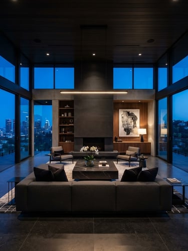 Symmetrical wide-angle architectural photograph of a luxury modern living room with high-contrast twilight lighting pouring through floor-to-ceiling windows.