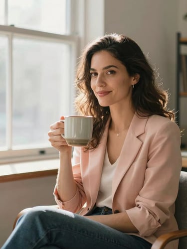 A relaxed professional portrait of a female founder sitting in a sunlit Atlanta workspace, holding a ceramic mug, warm morning window light, shallow depth of field, 35mm.