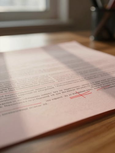 Macro close-up of editorial markups in red ink on physical paper, soft morning light casting gentle shadows across a wooden desk, shallow depth of field.