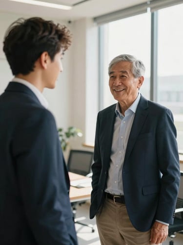 A humanized corporate portrait of two business partners, an older founder and a younger successor, talking warmly in a sunlit office, shallow depth of field, 35mm photography.