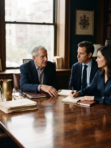 A warm editorial photograph of a traditional family business boardroom, soft natural window light reflecting on a polished wooden table, deep navy tones, shallow depth of field, 35mm.