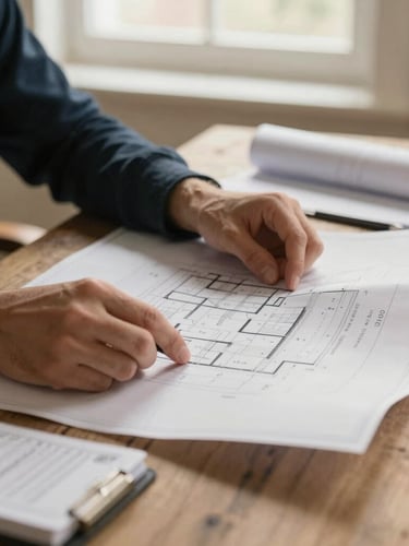 Close-up of hands reviewing architectural blueprints and operational ledgers on a rustic desk, soft natural morning light, warm sand tones, 35mm.