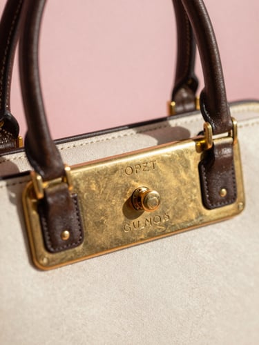 Extreme close-up of a vintage designer handbag resting on cream linen, brass hardware in sharp focus, soft pink blush tones in background, bright north-facing daylight, editorial still-life framing