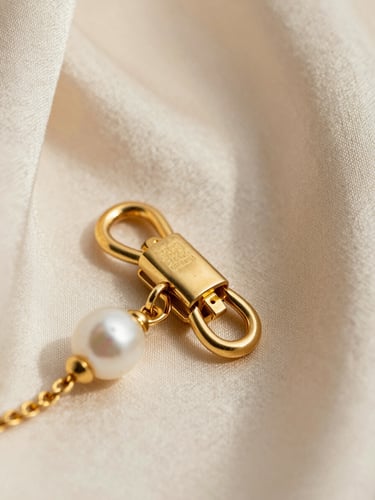 Extreme close-up of gold and pearl jewelry clasp hardware resting on cream silk fabric, bright north-facing daylight, fine detail of metal texture and luster, editorial still-life framing