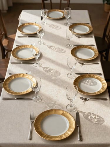 Overhead wide-angle shot of an elegantly set banquet table, cream linen, polished crystal glassware and gold-rimmed charger plates arranged in precise symmetry, soft natural north-facing daylight raking across the surface, generous negative space above, no people present