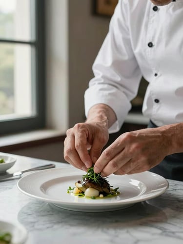 Editorial portrait-format image of a chef's hands carefully placing a herb garnish on a white service plate, natural north-facing light from a tall window to the left, marble prep surface, fine detail visible in the plating precision