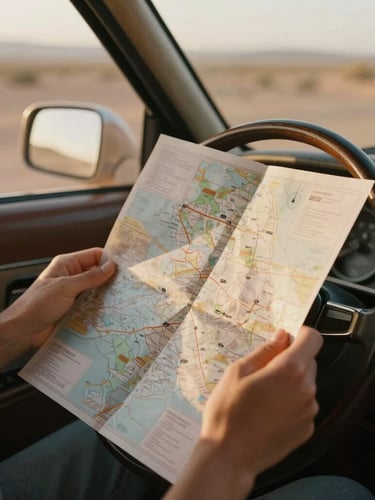 Close-up of hands holding a physical paper map over a vintage car steering wheel, warm golden-hour high-desert light filtering through the windshield, soft low-contrast 35mm film look